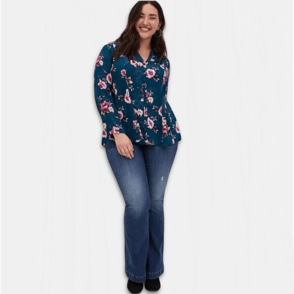Torrid Harper Teal Floral Long Sleeve Tie Back Blouse Sz OX 1X XXL - Picture 2 of 12
